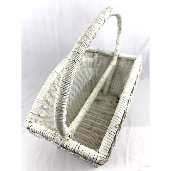 Vintage White Wicker Magazine Basket Holder Wooden 19.5" 1960's Storage Rack - Picture 2 of 16